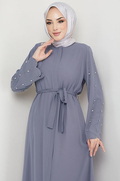 hafsamina Stoned Sleeve Hidden Plaid Abaya Gray