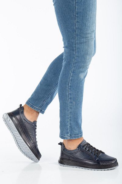 Dilimler Ayakkabı Genuine Leather Double Color Sole Laced Navy Blue Men's Casual Shoes