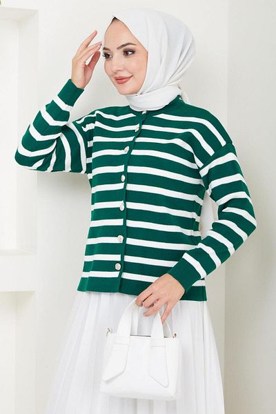 hafsamina Emerald Striped Short Knitwear Cardigan - Button Detailed Hm2515