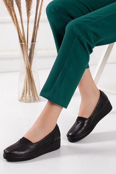 Dilimler Ayakkabı Genuine Leather Orthopedic Elastic Black Women's Shoes