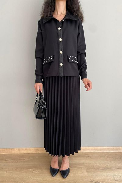 lizge giyim NECK AND POCKET COVER SATIN STONE DETAILED JACKET SKIRT SET