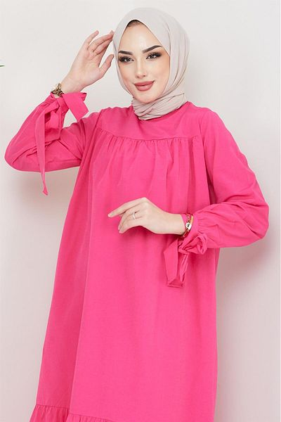 hafsamina Fuchsia Romen Sleeve Tie-Up Dress