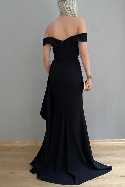 lizge giyim Boat Neck Draped Crepe Evening Dress