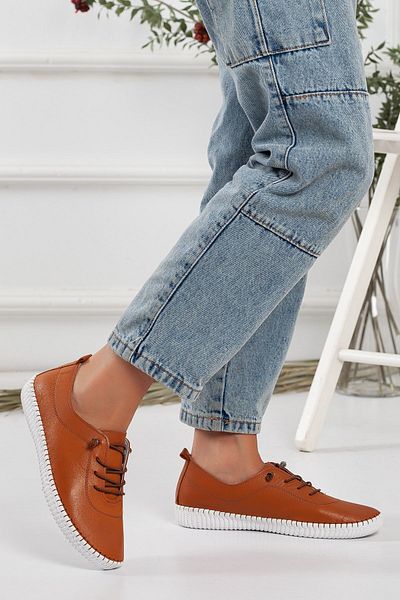 Dilimler Ayakkabı Genuine Leather Orthopedic Saddled Tan Large Size Women's Shoes Daily