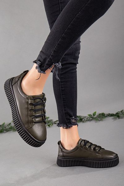 Dilimler Ayakkabı Genuine Leather Thick Sole Tied Khaki Women's Casual Shoes