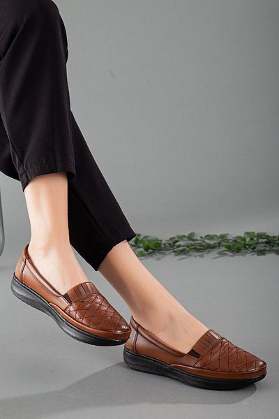 Dilimler Ayakkabı Genuine Leather Embroidery Detailed Tan Large Size Women's Shoes Daily