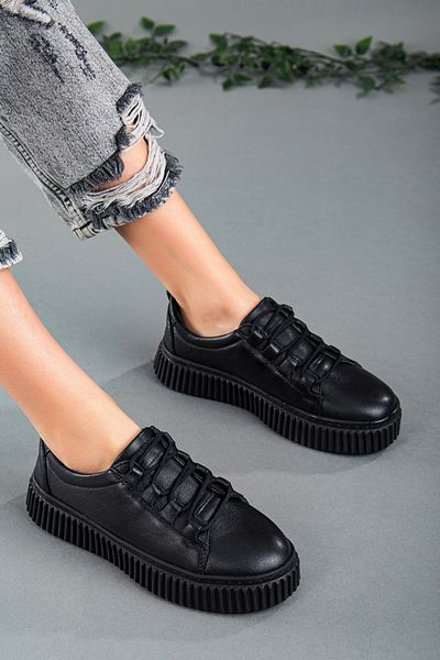 Dilimler Ayakkabı Genuine Leather Thick Sole Tied Black Women's Casual Shoes
