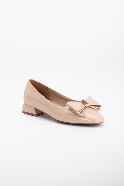 Dilimler Ayakkabı Patent Leather Short Heeled Tan Women's Shoes - Bow and Blunt Toe
