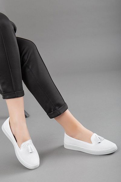 Dilimler Ayakkabı Genuine Leather Tasseled Printed White Women's Casual Shoes