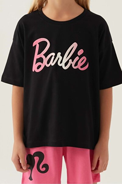 Barbie Lisanslı L1703 Patterned T-shirt Ve Şort Alt Üst Kız Çocuk Takımı Siyah