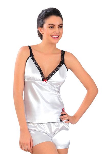 Sistina Λευκό σατέν Babydoll Σετ με σορτς - 336