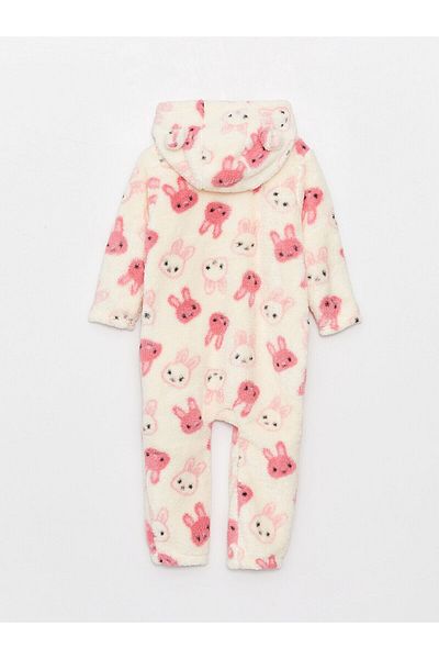 LC Waikiki Lcw Baby Ecru Hooded Long Sleeve Baby Girl Plush Romper