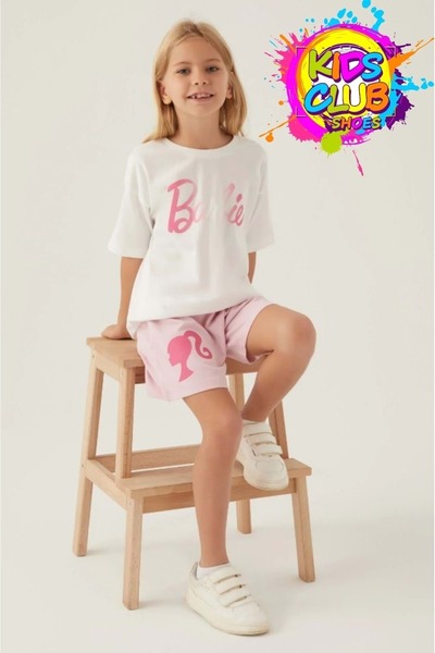 Barbie Lisanslı L1703 Patterned T-shirt Ve Şort Alt Üst Kız Çocuk Takımı Krem