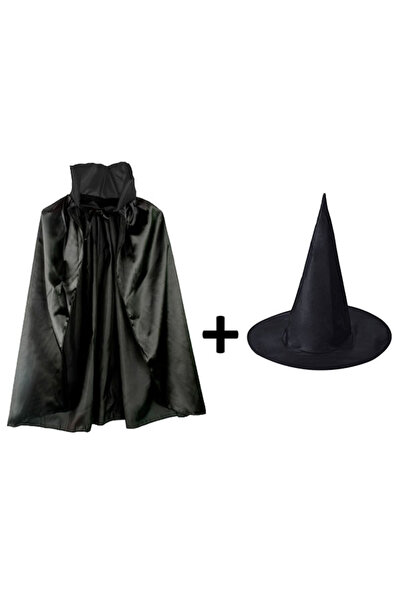 inci tasarım45 Black Collar Cloak and Black Witch Hat Set Children's Boy