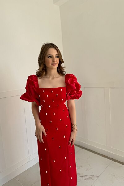 Genel Markalar Kare Yaka Maxi Boy Taş Detaylı PERA Kırmızı Elbise