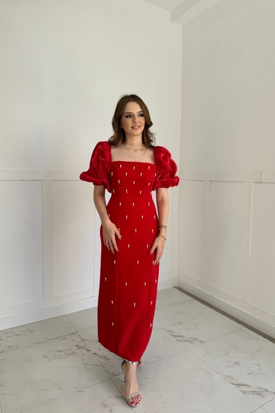 Genel Markalar Kare Yaka Maxi Boy Taş Detaylı PERA Kırmızı Elbise