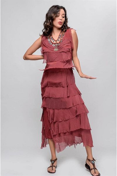 Bohem Stil Rochie din mătase, fără mâneci, cu straturi subțiri, mărimea 2 italiană