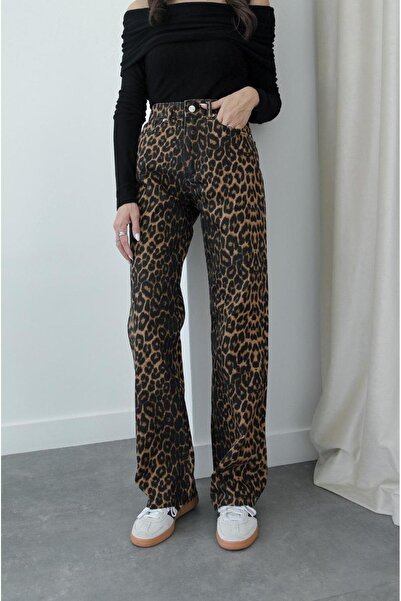 Havoş Black Gage Leopard Pattern Straight Jeans