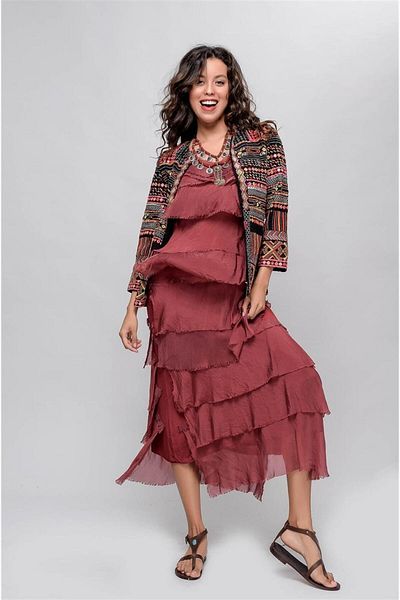 Bohem Stil Rochie din mătase, fără mâneci, cu straturi subțiri, mărimea 2 italiană