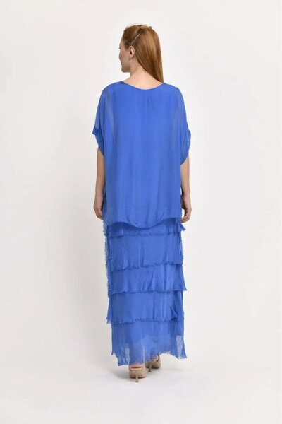 Bohem Stil İtalyan 2 Beden Ince Gösteren Yarım Kol Kat Kat Ipek Elbise