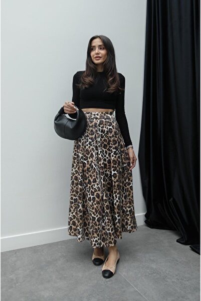 Havoş Leopard Patterned Pleat Detailed Flared Skirt