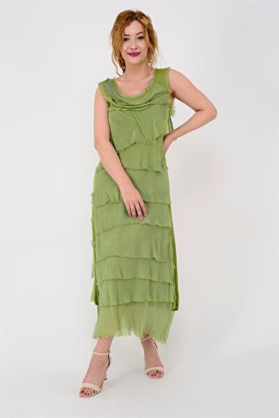 Bohem Stil Ιταλικά 2 Beden Ince Gösteren Kat Kat Kolsuz Ipek Elbise