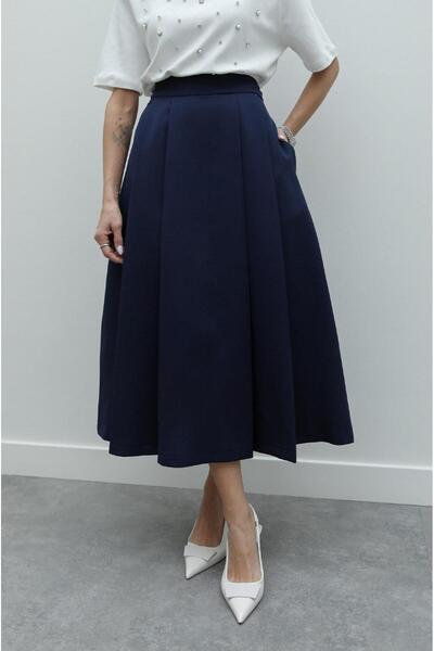 Havoş Navy Blue Pleat Detailed Flared Skirt