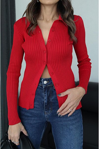 Havoş Red Polo Neck Cardigan