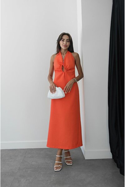 Havoş Πορτοκαλί φόρεμα με σχισμή και λεπτομέρεια στο στήθος