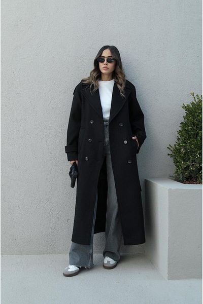 Havoş Black Epaulette Detailed Belted Coat