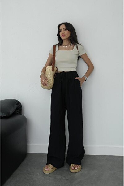 Havoş Black Linen Trousers with Wide Pockets