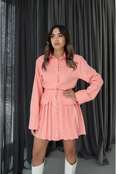 Havoş Pink Striped Button Detailed Dress