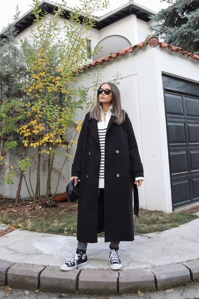 Havoş Чорний поясний преміум кашемірний пальто