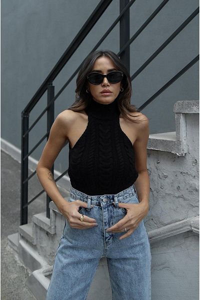 Havoş Pulover cu guler cu halter din tricot cu păr negru