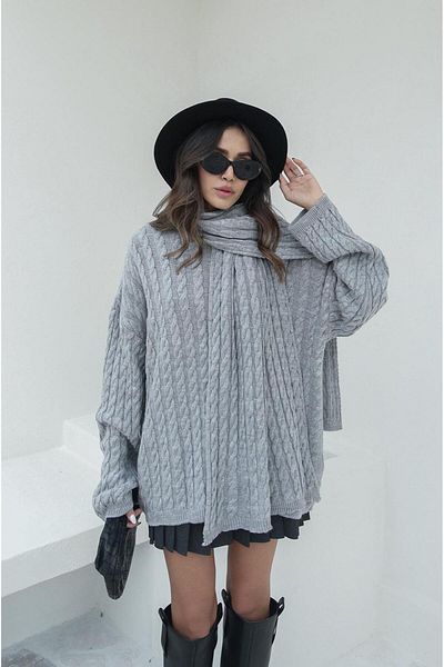 Havoş Gray Scarf Hair Knitted Sweater