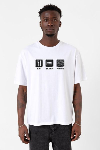Tshirthane Eat Sleep Anime Λευκό ανδρικό μπλουζάκι Oversize