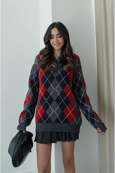 Havoş Anthracite Red Raised Baklava Polo Collar Sweater