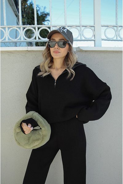 Havoş Set de tricotaje relaxate cu fermoar cu guler negru