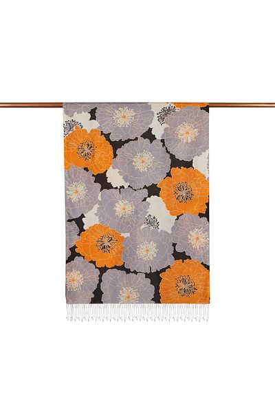 ipekevi Patterned Silk Shawl - Hydrangea Basket Patterned - Black Orange Gray