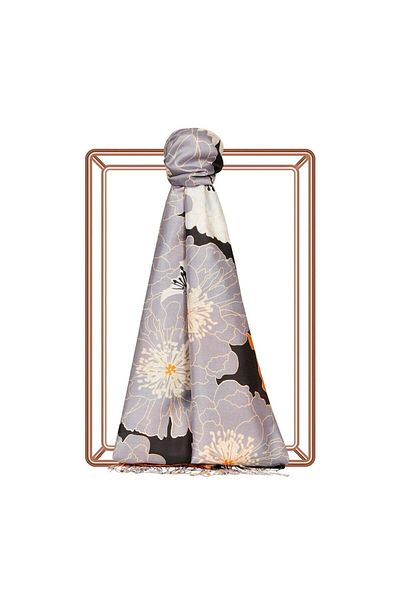 ipekevi Patterned Silk Shawl - Hydrangea Basket Patterned - Black Orange Gray