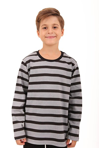 Perendi 2'li Bisiklet Yaka Uzun Kollu Çizgili Ve Düz Unisex Çocuk Tshirt Siyah Gri-siyah