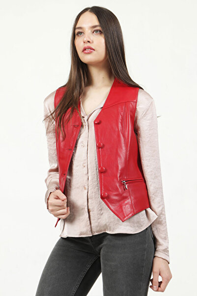Dericlub Vittoria Women's Slim Fit Genuine Leather Vest - Buttoned, Red