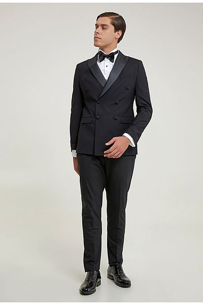 Twn Slim Fit Μαύρο Απλό Κοστούμι Γαμπρού & Σμόκιν