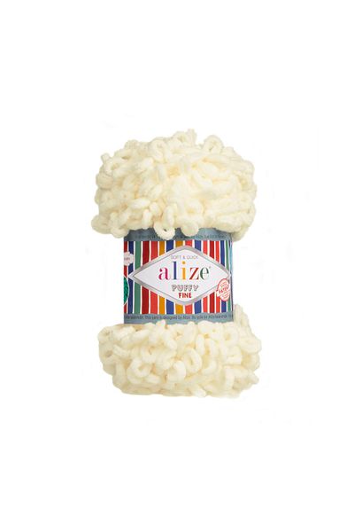 Alize Ață tricotată manual Puffy Fine (SUBȚIRE) - 62 Light Cream - 100 Gr. 14,5 Mt. Frânghie de tricotat cu degetele