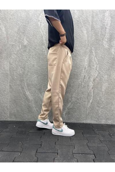 FıttingRoom Pleated Parachute Beige Trousers with Elastic Waist