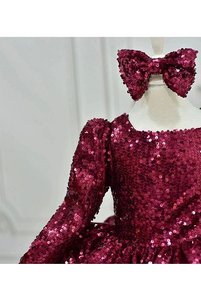ELLUSSİ Girl - Burgundy Sequined, Long Sleeve Puffy Dress