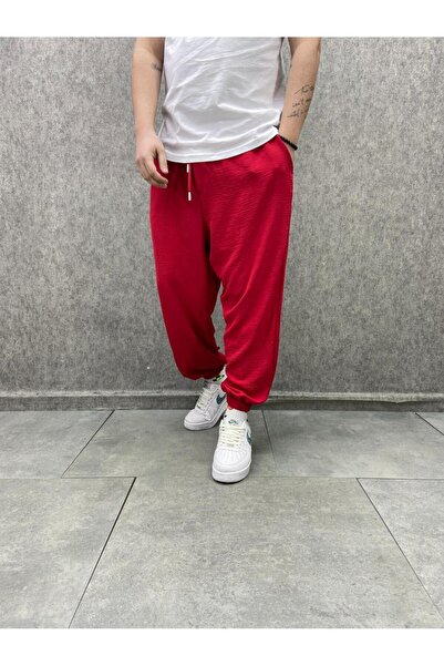 FıttingRoom Beli Lastikli Viscon Linen Kumaş Kırmızı Yarım Şalvar