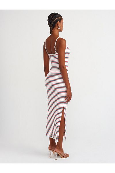 Dilvin 90227 Rochie din tricotaje cu dungi cu bretele ecru