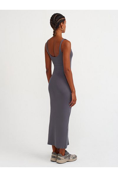 Dilvin 91172 Rochie midi afumată închisă - Guler pătrat