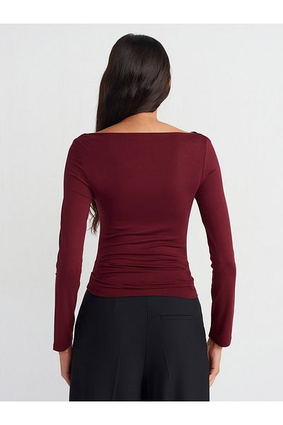 Dilvin 31213 Boat Neck Long Sleeve Ball-Burgundy